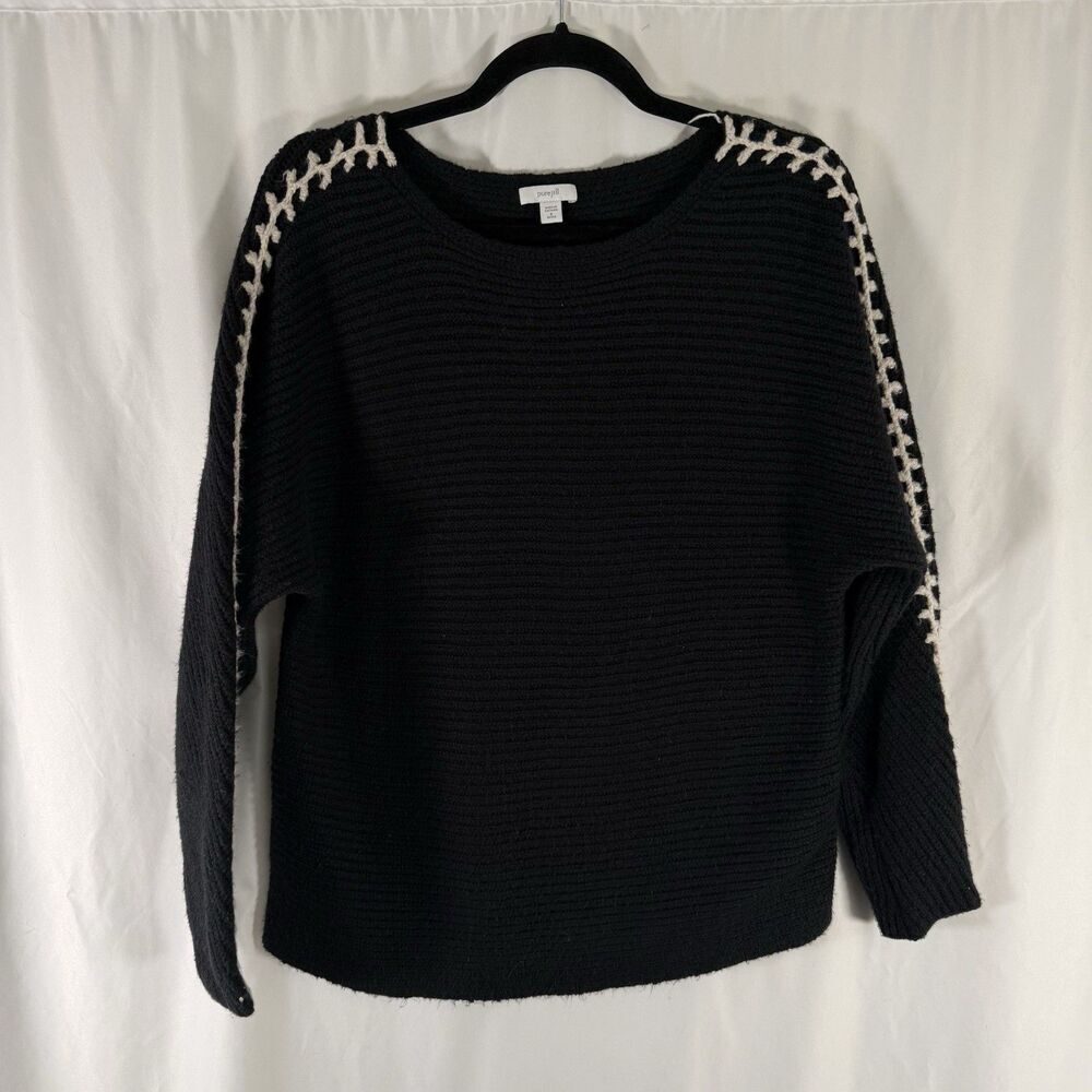 Pure Jill Sweater Women's Small Petite Black Knit Slit Neck Cotton Blend